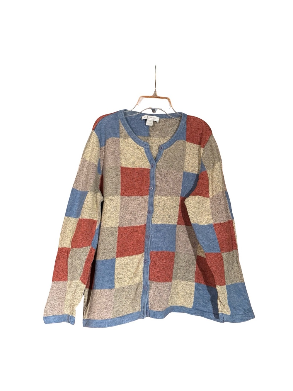 CJ Banks Patchwork Button-Front Cardigan in Blue, Rust, Beige